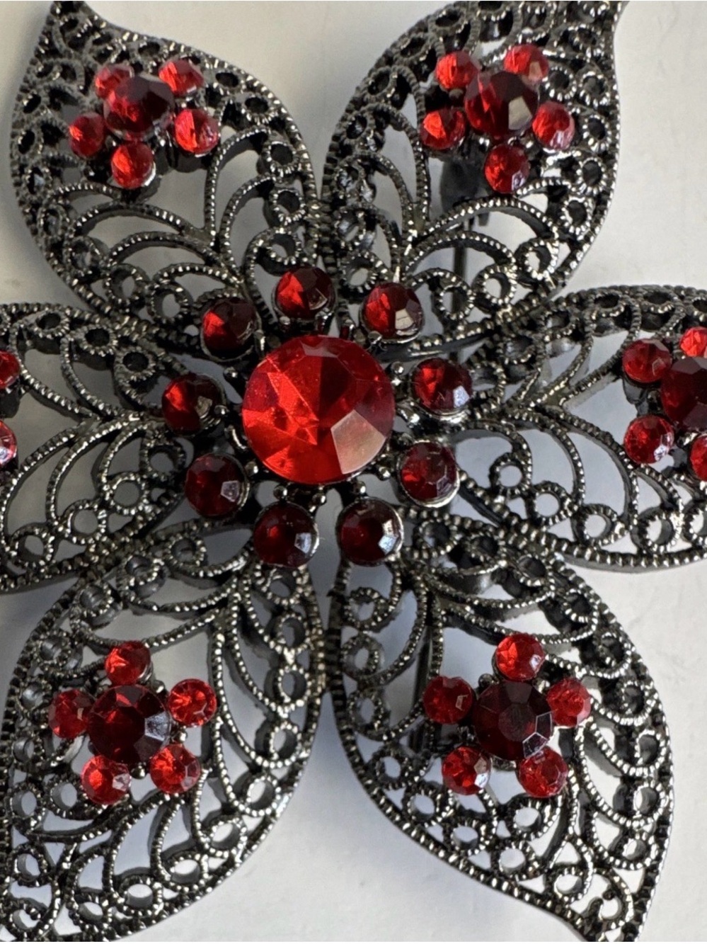 Vintage Red Rhinestone Filigree Flower Brooche Large Silver Tone Floral